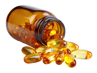 Amber glass jar spilling golden capsules