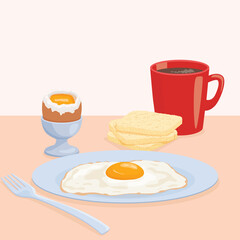 breakfast with fried egg, cup of coffee, toast and half boiled egg