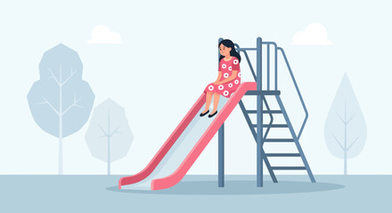 Young Girl Sitting On A Slide With A Pensive Expression outdoors