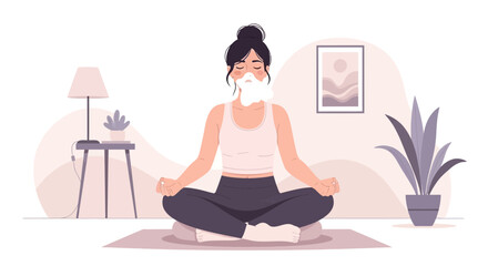 Woman Practicing Breathing Exercises In A Serene Home Environment Illustration