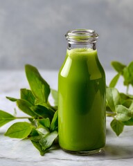 Green Juice in Glass Bottle with Leaves
