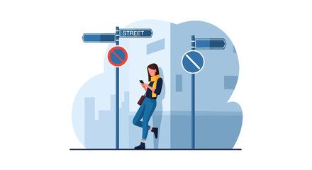 Woman using smartphone while waiting on the street corner in a city background