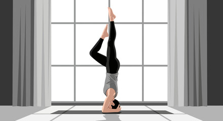 Fototapeta premium Woman Practicing Sirsasana Headstand Yoga Pose Near Window For Wellness