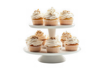 Delicious vanilla cupcakes with white frosting and nut topping on a two-tiered stand dessert sweet treat isolated on transparent background