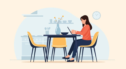 Fototapeta premium Woman Working Remotely With Laptop At Home In Kitchen Setting Design