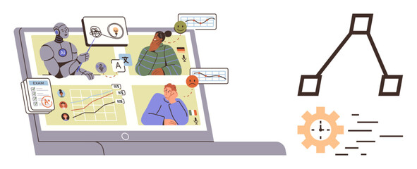 Fototapeta premium Robot analyzing graphs, emotional feedback, profiles, and exam results on a laptop with speed and efficiency icons. Ideal for AI, performance tracking, data analysis, education, feedback systems