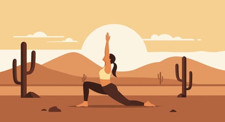 Woman Practicing Yoga In Desert Landscape During Sunset For Wellness Lifestyle