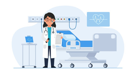 Fototapeta premium Worried Female Doctor With Medical Chart Hospital Bed And Heart Rate Monitor
