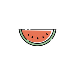 カットしたスイカのかわいいベクターアイコン (カラー、線画)