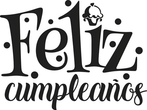 feliz cumpleanos digital image with playful typography featuring black and white cupcake illustration and decorative dots. Cute birthday design with celebratory text elements.
