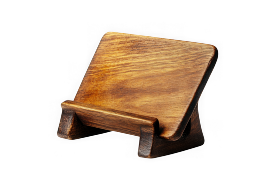 Wooden phone holder stand desk organizer tablet display rack rustic wood grain texture handmade isolated on transparent background - Powered by Adobe