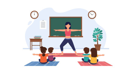 Yoga Session For Kids With Instructor In Classroom Setting Illustration