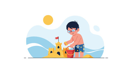 Naklejka premium Young Architect On Vacation Building Sandcastle With Red Bucket By The Seaside