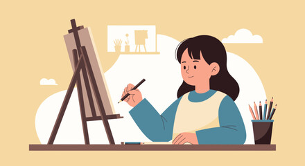 Young Artist Creating Artwork On Canvas At Home In Her Studio