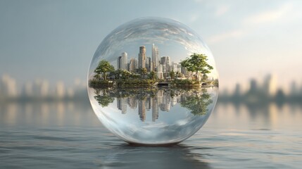 A futuristic cityscape reflected within a translucent sphere, surrounded by water, blending nature and urban elements in a serene setting.