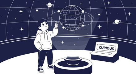 Young Astronomer Exploring The Cosmos At The Planetarium With Curiosity