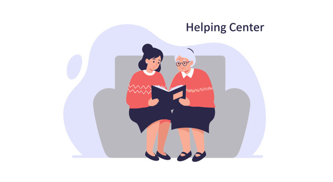 Woman Reading Book To Elderly Woman Illustration Giving Assistance At Home