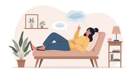 Woman Relaxing At Home Thinking About Her Day Dreaming On Couch