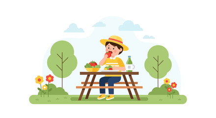 Obraz premium Young Boy Enjoying Healthy Lunch At Picnic Table In Summer Park