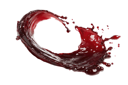 A swirling, crimson liquid splash, forming a circular pattern against a black background