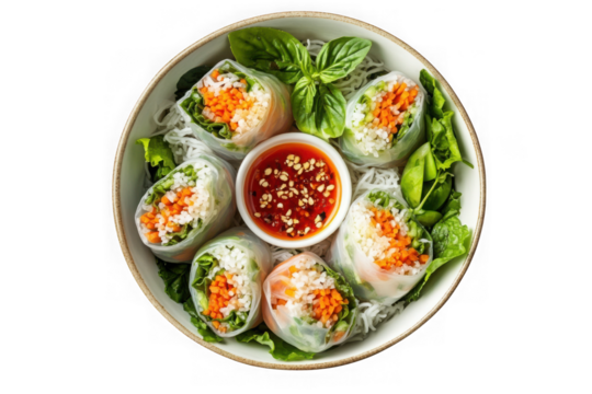 Delicious vietnamese spring rolls with fresh vegetables and spicy dipping sauce, healthy asian cuisine, food photography, isolated on transparent background