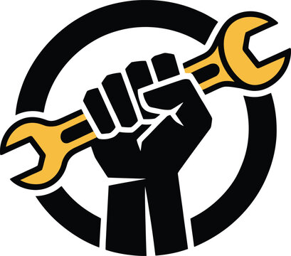 Fist holding wrench inside circle tool mechanic