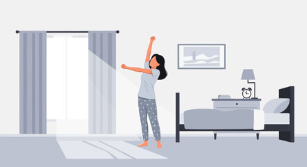 Woman Stretching And Waking Up In Her Bedroom On A Sunny Morning