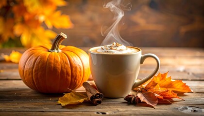Autumnal coffee scene with pumpkin