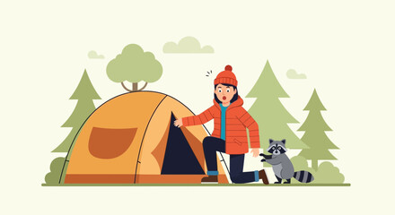 Fototapeta premium Woman Surprised by a Raccoon Outside Her Tent While Camping in the Woods