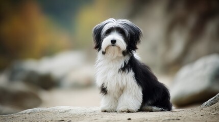 A Tibetan terrier sitting peacefully with soft fur, exuding calmness and natural beauty.
