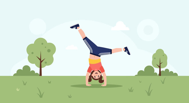 Young girl performing a cartwheel in a park illustration with trees and grass representing an outdoor scene