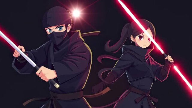 Two ninjas prepare for a fierce battle showcasing their skills with glowing red swords in a dramatic and dark backdrop filled with tension and excitement