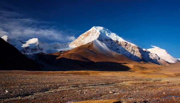mt kailash tibet sacred peak the sacred peak of mount kailash under clear skies with the sunlight casting a soft glow on the snow covered summit and the surrounding barren landscape