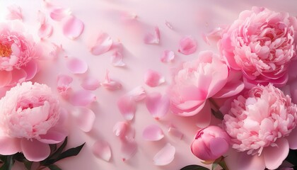 Fototapeta premium pink peony flowers and petals on soft background in close composition