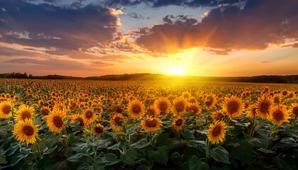 scenic sunset casting light on a sunflower field