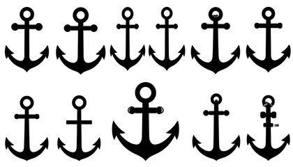 Collection of black anchors on a white background