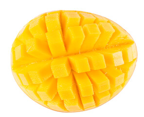 mango cube slices in juice splash isolated on a white background