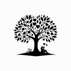 Obraz premium Silhouette of Love Tree with Heart Leaves and Romantic Couple – Vector Design