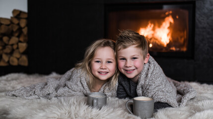Happy brother and sister snuggling under a cozy blanket by the fireplace in winter