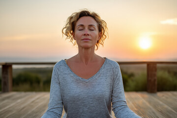 Calm middle-aged woman practicing yoga and meditation on a deck at sunrise