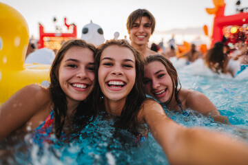 Happy group of teenage friends taking a selfie and laughing at a summer pool party