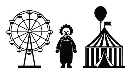 A fun circus theme featuring ferris wheel, smiling clown, and tent with balloon for entertainment