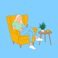 An inviting scene of a woman in a bright yellow armchair deeply engrossed in a book, creating an atmosphere of comfort and warmth complemented by indoor plants.