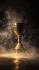 A golden trophy emerges from swirling smoke, symbolizing victory and achievement in a dramatic and atmospheric setting.