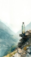 A glass bottle rests on a rugged cliff edge overlooking misty, layered mountains in a serene watercolor landscape.