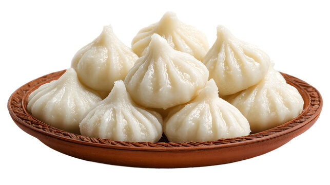 Traditional Indian Modak Sweets on a Terracotta Plate, Steamed Dumplings Offered During Ganesh Chaturthi Festival, Delicious Maharashtrian Delicacy
