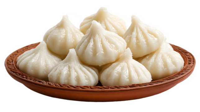 Traditional Indian Modak Sweets on a Terracotta Plate, Steamed Dumplings Offered During Ganesh Chaturthi Festival, Delicious Maharashtrian Delicacy