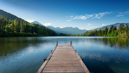 wooden dock overlooking a serene mountain lake with calm water and forested hills in the background symbolizing peace nature and relaxation