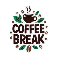 Coffee break design with a steaming cup, beans, and leaves arranged in a circular pattern.