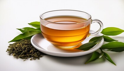 a cup of tea placed on a saucer with loose tea leaves and green tea leaves nearby